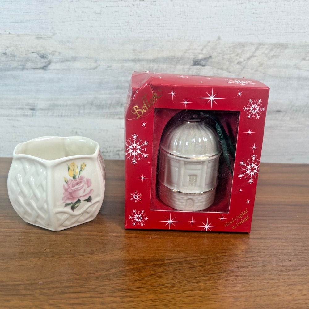 Belleek Pottery Mussenden Temple Bell Ornament and Irish Parian China piece Y2K